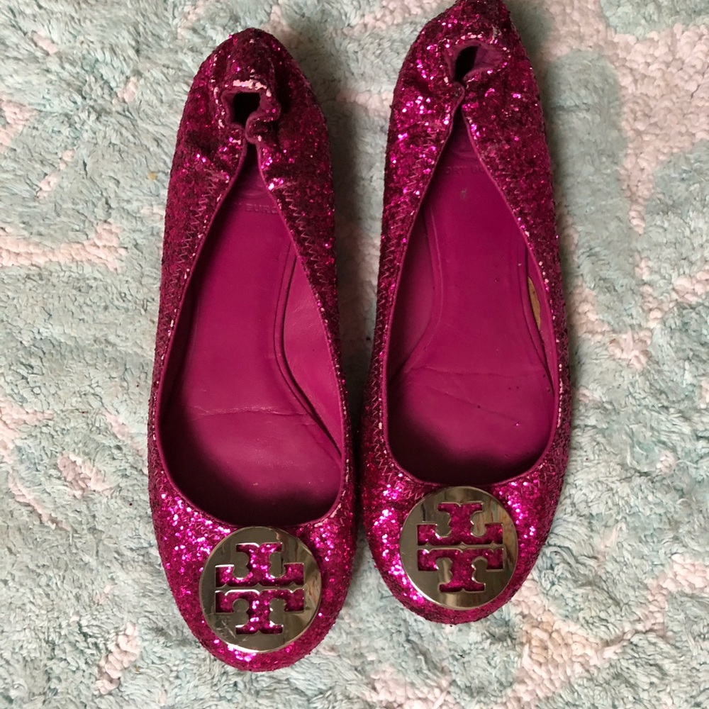Hot Pink Glitter Tory Burch Reva Flats